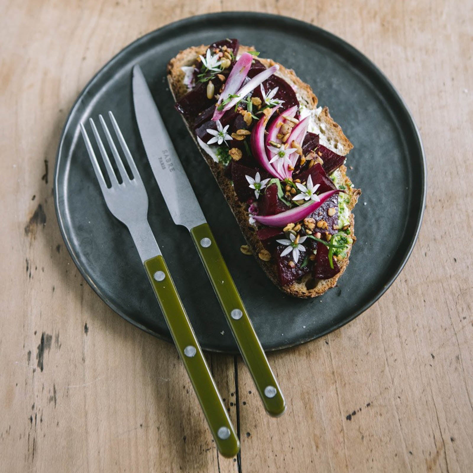 Bistrot Vintage Uni, Vert fougère - Set de 5 couverts de table