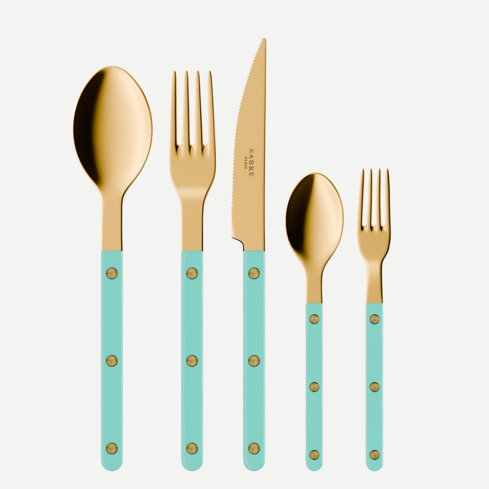 Bistrot Gold color Solid, Turquoise - 5 pieces cutlery set